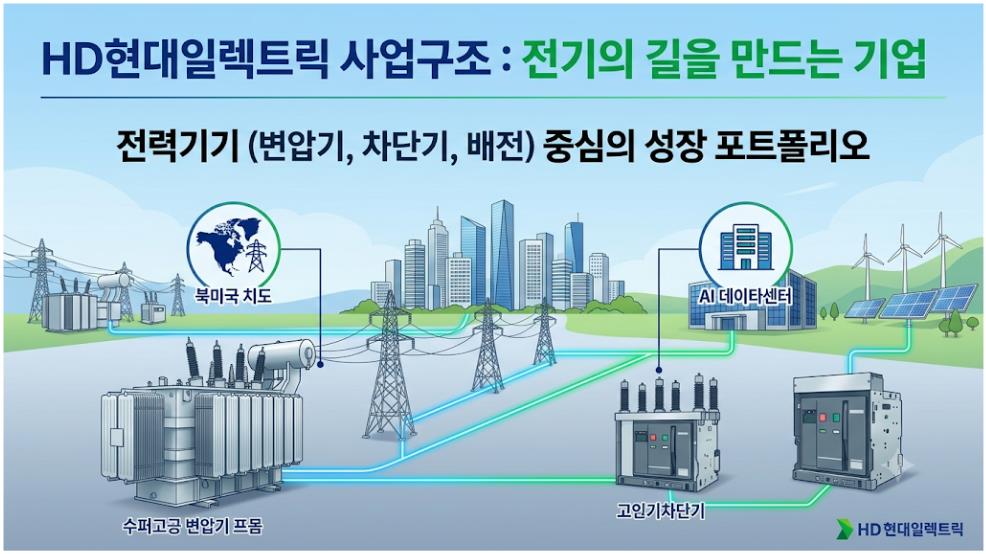 HD현대일렉트릭 사업구조를 한눈에 정리한 이미지로 변압기, 차단기, AI 데이터센터, 북미 전력망 성장 구조를 설명