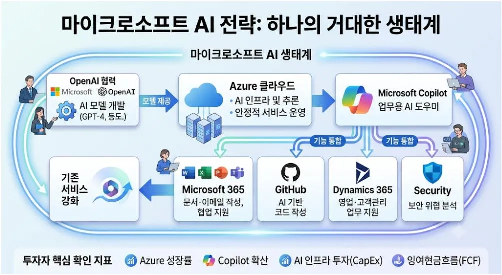 마이크로소프트 AI 전략과 OpenAI, Azure, Copilot, Microsoft 365가 연결된 AI 생태계 구조