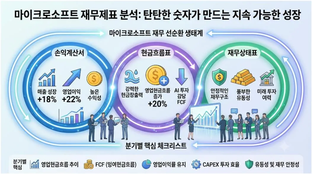 마이크로소프트 재무제표 분석으로 손익계산서, 현금흐름표, 재무상태표를 통해 매출 성장, 영업이익, FCF, 재무 안정성을 정리한 인포그래픽