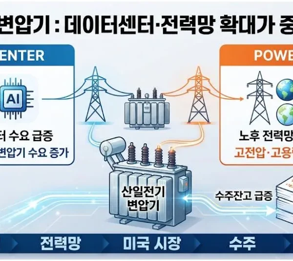 산일전기 변압기와 데이터센터·전력망 확대 관계를 보여주는 이미지