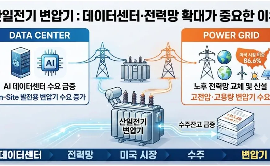 산일전기 변압기와 데이터센터·전력망 확대 관계를 보여주는 이미지