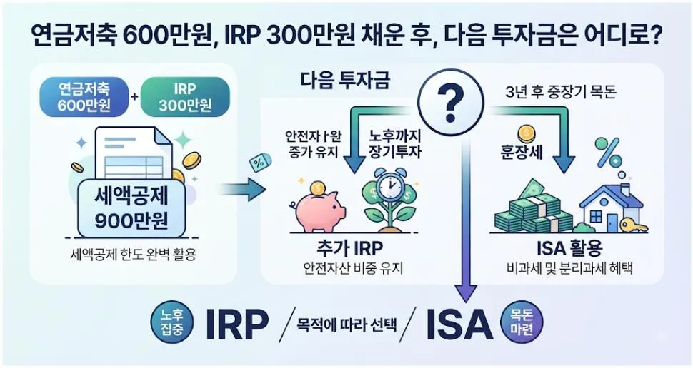 연금저축 600만원과 IRP 300만원을 채운 후 ISA와 추가 IRP를 비교하는 투자 전략