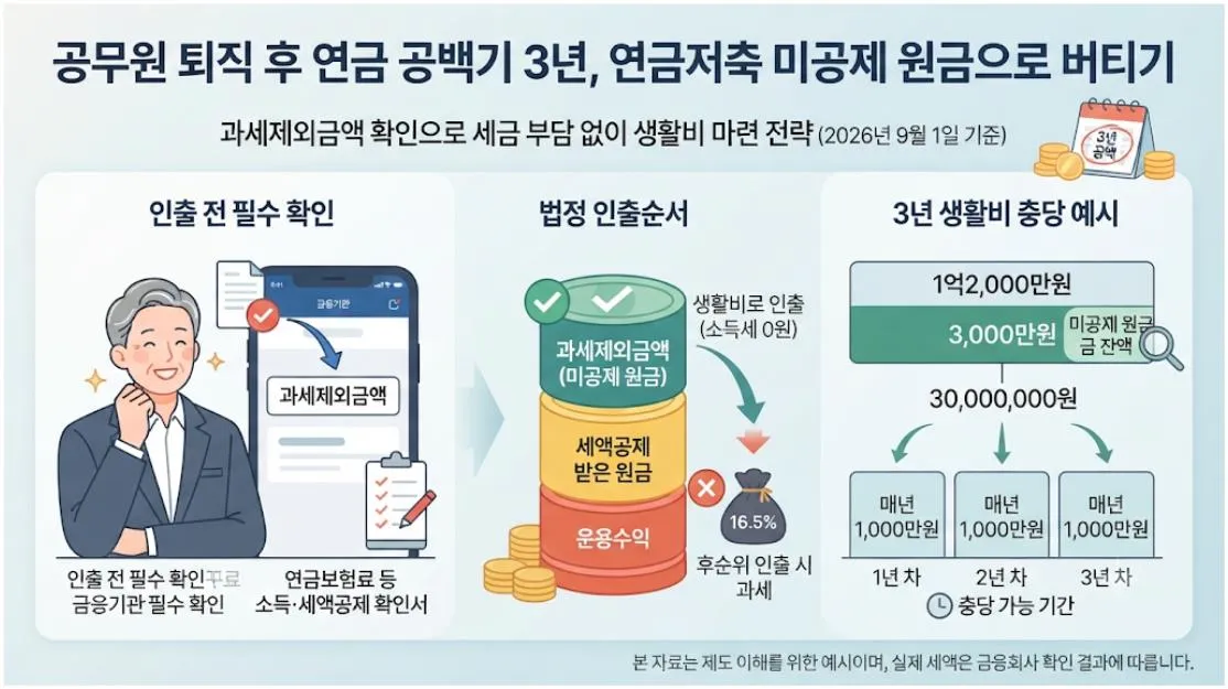 공무원연금 개시 전 연금저축 미공제 원금 확인 절차와 3,000만원을 3년간 나눠 인출하는 예시