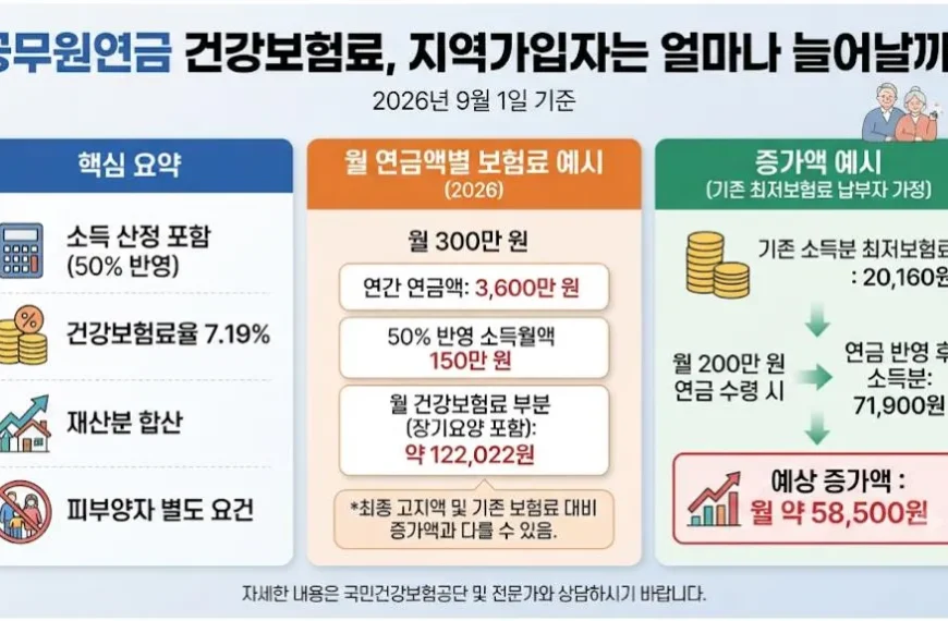 공무원연금 건강보험료의 소득 50% 반영 기준과 월 300만 원 연금의 보험료 부분, 기존 최저보험료 납부자의 증가액을 비교한 인포그래픽