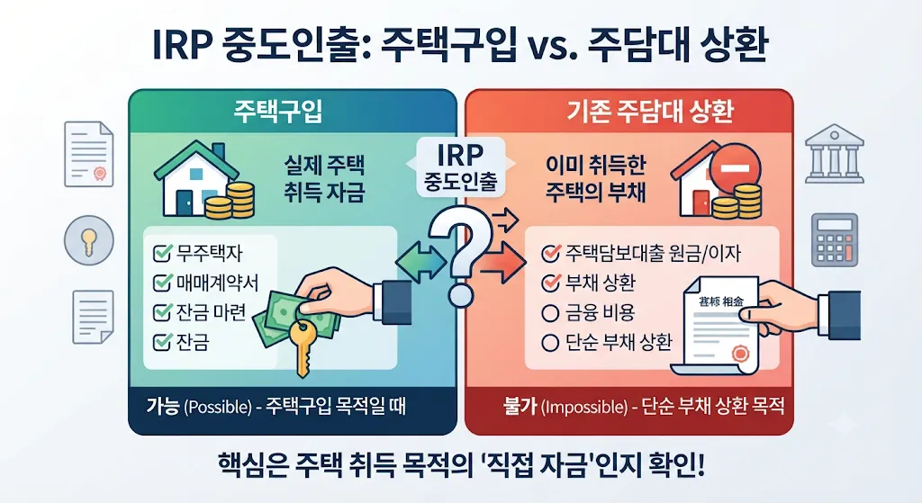 IRP 중도인출 주택담보대출 상환 가능 여부와 주택구입 차이를 설명하는 MoneyBook 대표이미지
