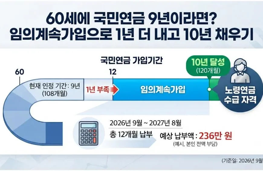 국민연금 60세 9년 가입기간인 사람이 임의계속가입으로 12개월을 추가해 120개월을 채우는 과정