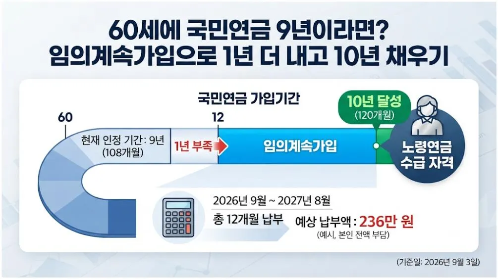 국민연금 60세 9년 가입기간인 사람이 임의계속가입으로 12개월을 추가해 120개월을 채우는 과정