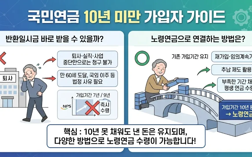 국민연금 10년 못 채우면 반환일시금을 받을 조건과 가입기간을 채우는 방법을 비교한 안내 이미지