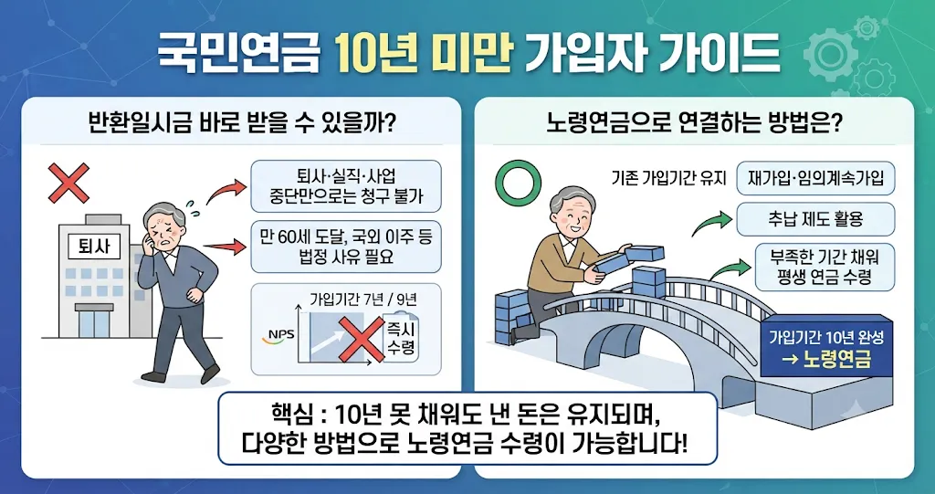 국민연금 10년 못 채우면 반환일시금을 받을 조건과 가입기간을 채우는 방법을 비교한 안내 이미지