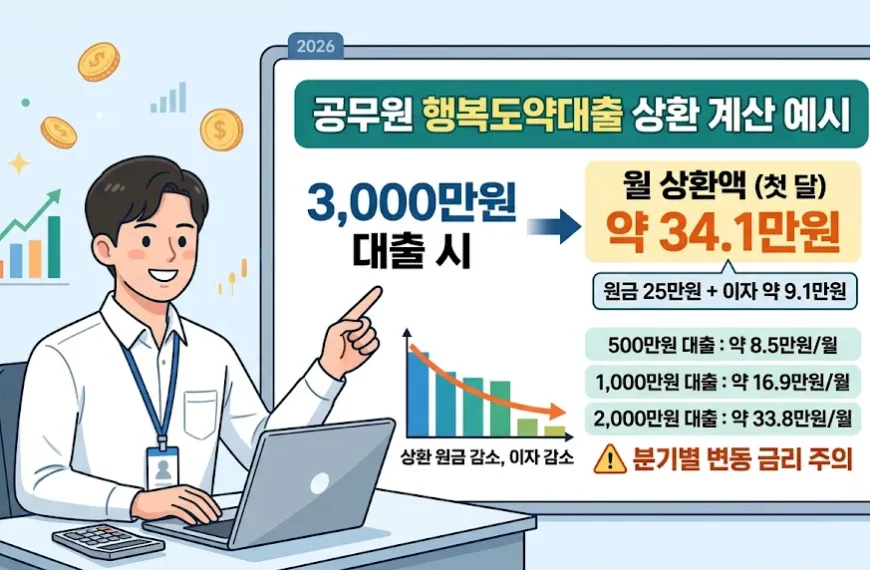 2026 공무원 행복도약대출 3,000만원 대출 시 연 3.64% 기준 첫 달 상환액 약 34만1,000원 계산 예시