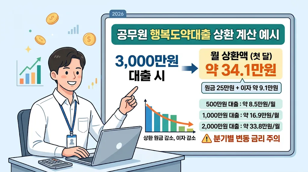 2026 공무원 행복도약대출 3,000만원 대출 시 연 3.64% 기준 첫 달 상환액 약 34만1,000원 계산 예시