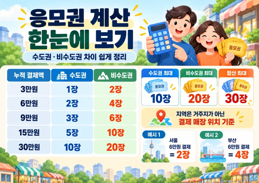 상생소비복권 응모권 계산표, 수도권 3만원당 1장 비수도권 2장과 최대 30장 발급 조건