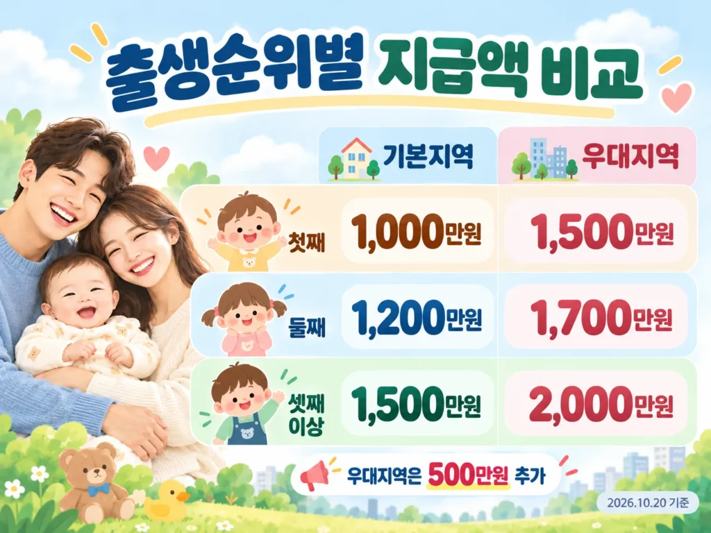 2027 아이맞이지원금 첫째 둘째 셋째 기본지역 우대지역 지원금액 비교표