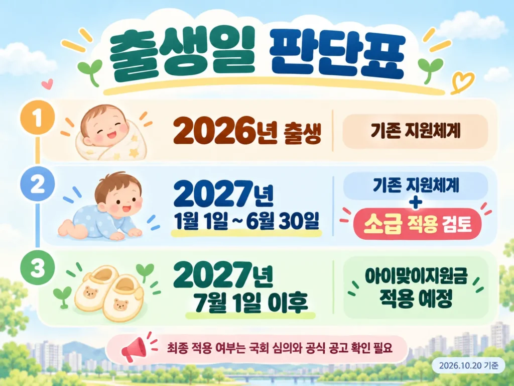 2027 아이맞이지원금 1월생 소급 적용 검토와 7월 1일 이후 출생아 지원대상 판단표