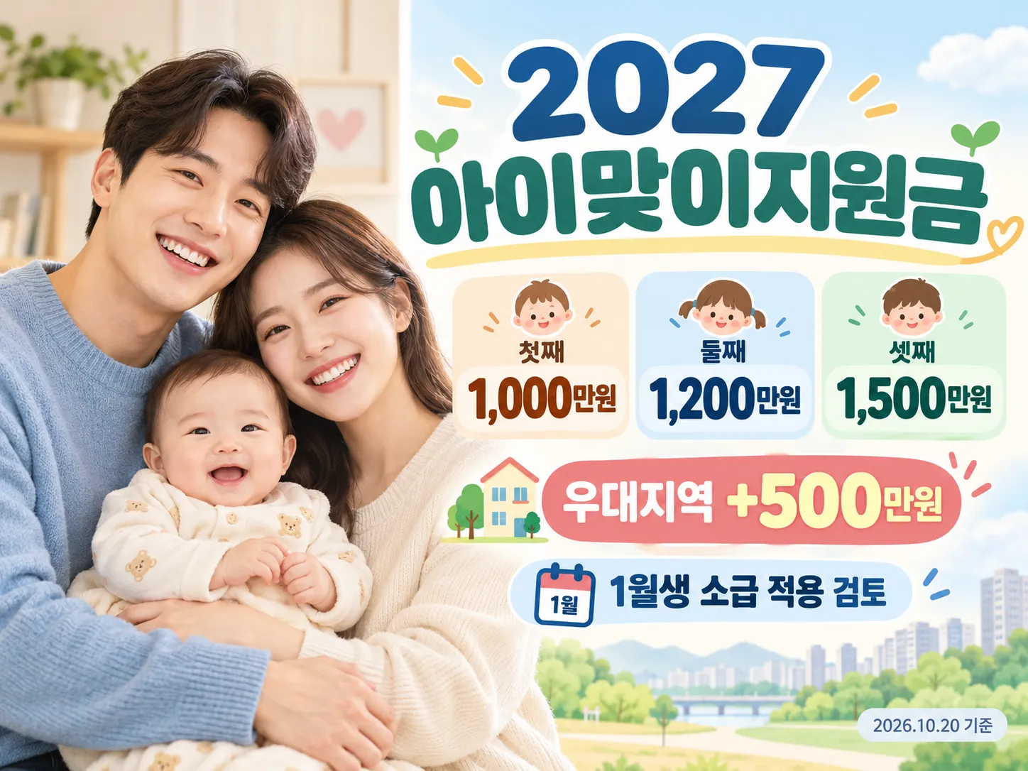 2027 아이맞이지원금 첫째 1000만원 둘째 1200만원 셋째 1500만원 및 우대지역 추가 지원 안내