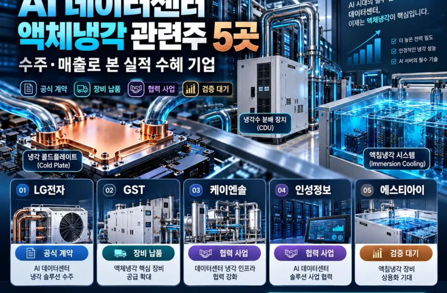 AI 데이터센터 액체냉각 관련주 5곳의 냉각 설비와 수주·매출 근거를 비교한 대표 이미지