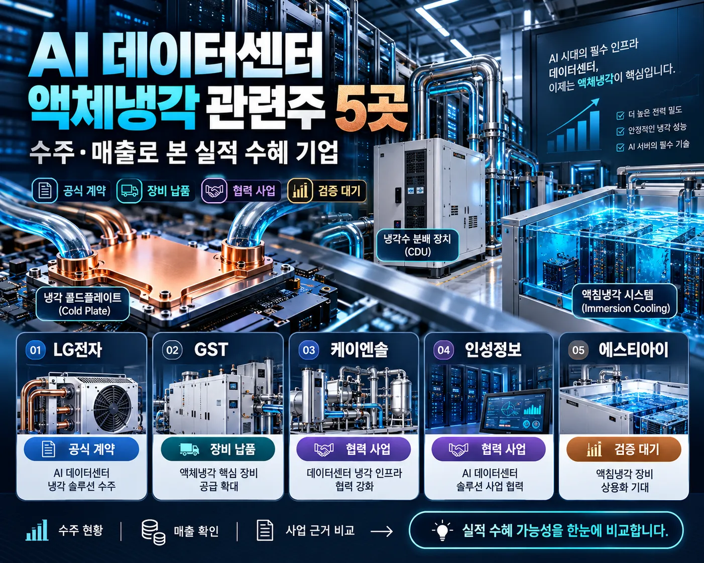 AI 데이터센터 액체냉각 관련주 5곳의 냉각 설비와 수주·매출 근거를 비교한 대표 이미지