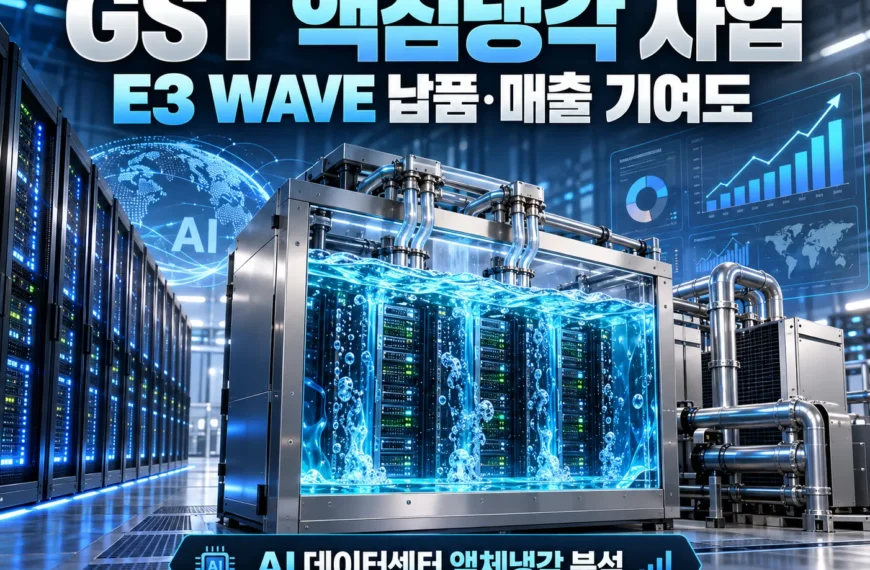 GST 액침냉각 사업 E3 WAVE 제품과 AI 데이터센터 냉각 설비를 표현한 이미지