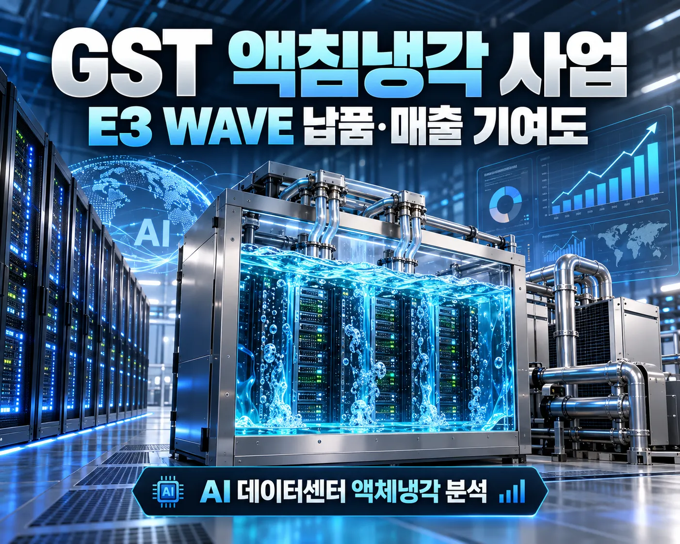 GST 액침냉각 사업 E3 WAVE 제품과 AI 데이터센터 냉각 설비를 표현한 이미지