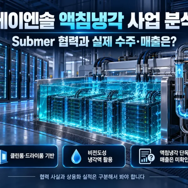 케이엔솔 액침냉각 사업과 Submer 협력, AI 데이터센터 서버 냉각 시스템을 표현한 인포그래픽
