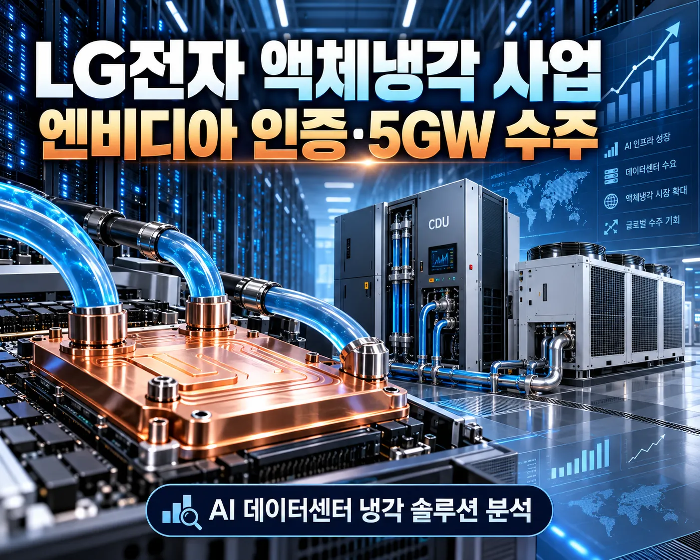 LG전자 액체냉각 사업 분석을 위한 AI 데이터센터 콜드플레이트·CDU·칠러 이미지, 엔비디아 인증과 5GW 공급계약 안내