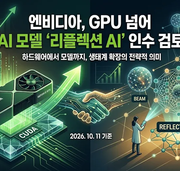 엔비디아 Reflection AI 인수 검토를 설명하는 이미지. GPU·CUDA에서 AI 모델 Beam과 AI 에이전트로 확장되는 사업 전략을 시각화
