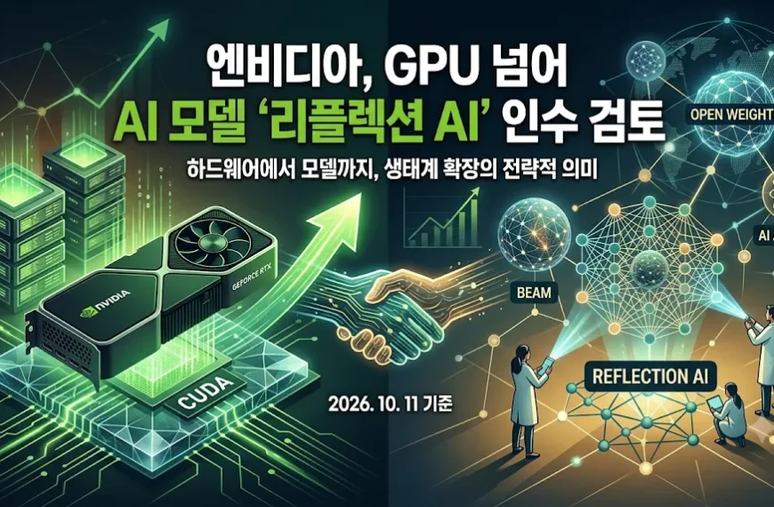 엔비디아 Reflection AI 인수 검토를 설명하는 이미지. GPU·CUDA에서 AI 모델 Beam과 AI 에이전트로 확장되는 사업 전략을 시각화