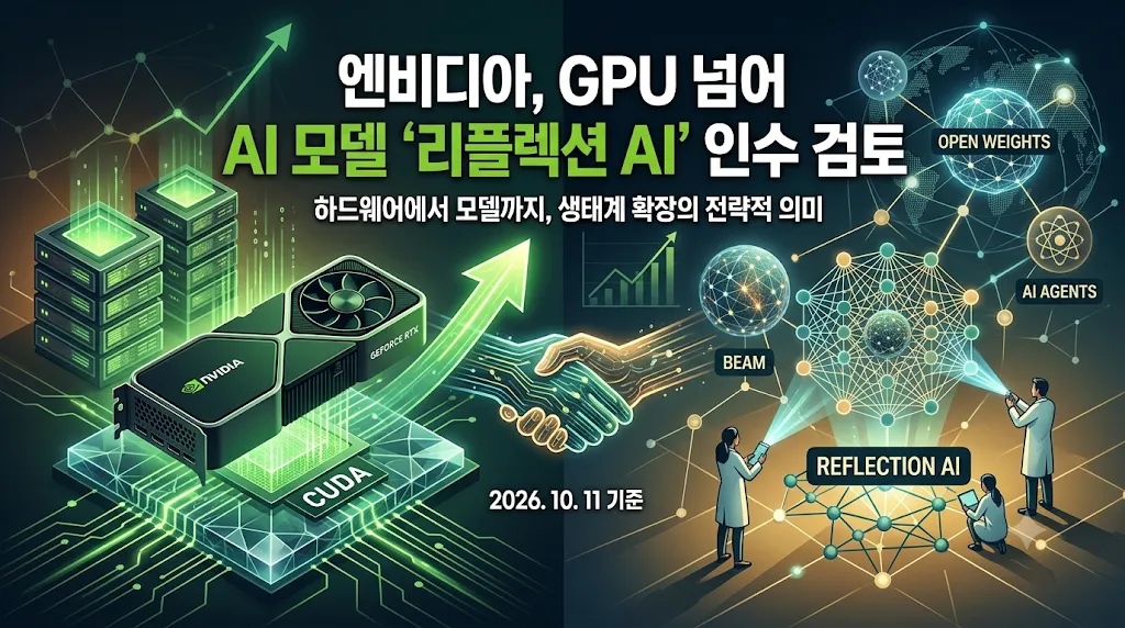 엔비디아 Reflection AI 인수 검토를 설명하는 이미지. GPU·CUDA에서 AI 모델 Beam과 AI 에이전트로 확장되는 사업 전략을 시각화