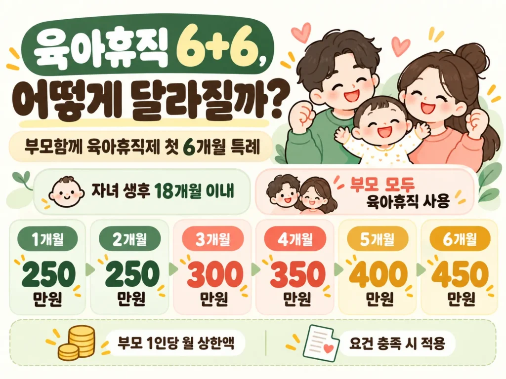 6+6 부모함께 육아휴직제 첫 6개월 부모 1인당 월 최대 250만원부터 450만원까지 비교