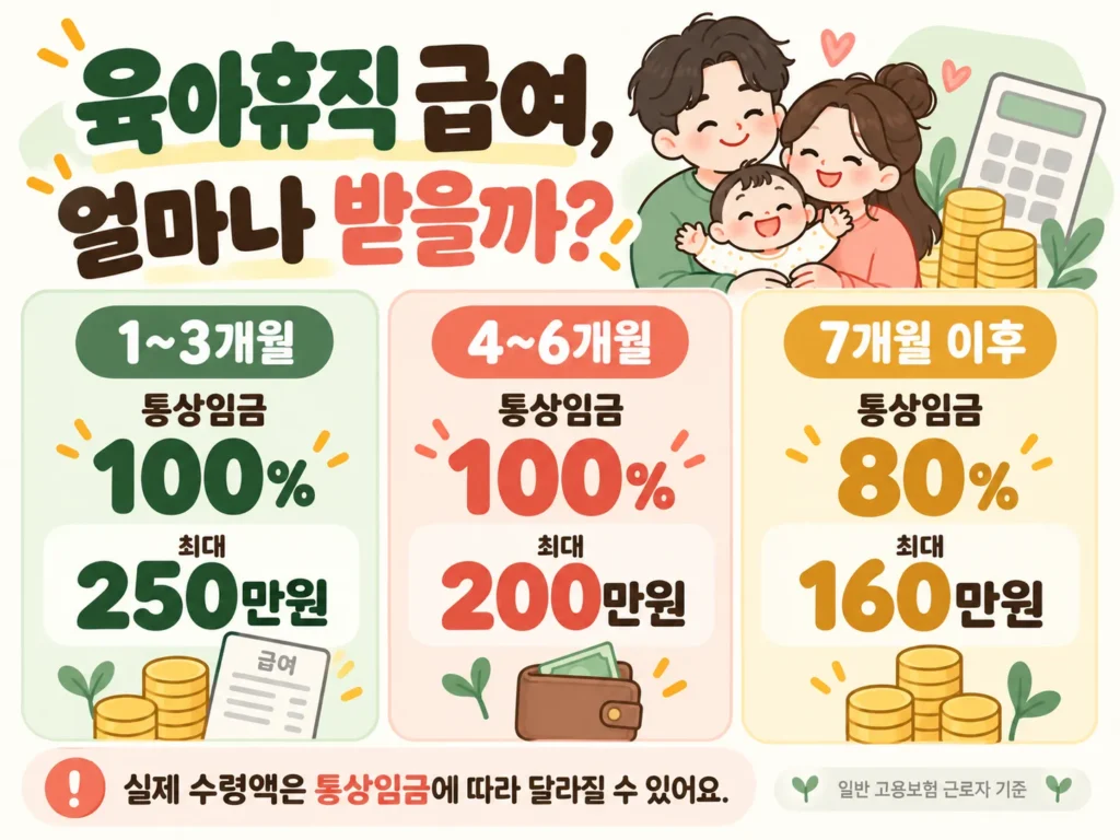 2026 육아휴직 급여 1~3개월 최대 250만원, 4~6개월 200만원, 7개월 이후 160만원 비교