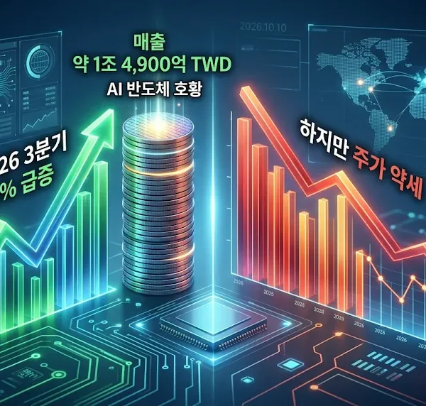 TSMC 3분기 매출 50% 급증과 주가 1.35% 하락을 비교한 2026년 AI 반도체 실적 분석 이미지