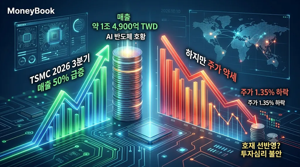TSMC 3분기 매출 50% 급증과 주가 1.35% 하락을 비교한 2026년 AI 반도체 실적 분석 이미지
