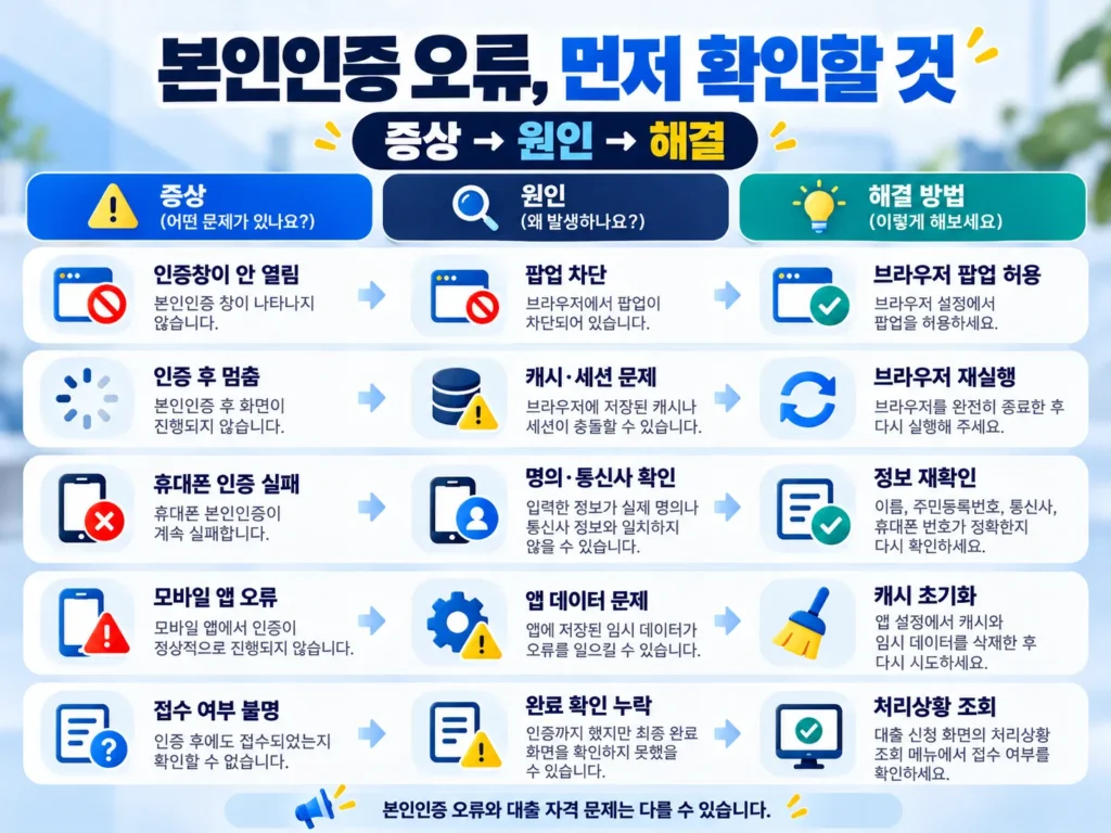 공무원연금대출 본인인증 오류 증상별 원인과 해결 방법 비교표