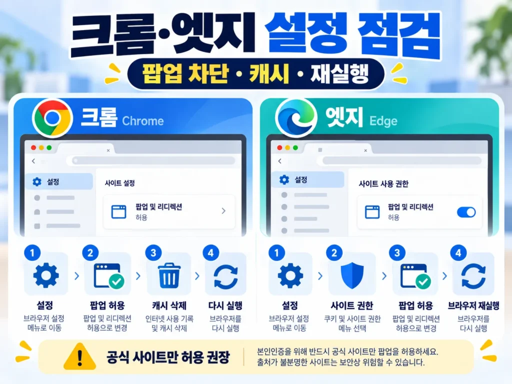 공무원연금대출 본인인증을 위한 크롬 엣지 팝업 차단 해제와 캐시 삭제 방법